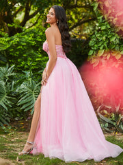 Ärmellos A-Linie Tüllkleid mit Transparentes Korsage Bonbonrosa