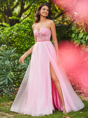 Ärmellos A-Linie Tüllkleid mit Transparentes Korsage Bonbonrosa