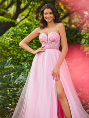 Ärmellos A-Linie Tüllkleid mit Transparentes Korsage Bonbonrosa