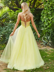 Ärmellos A-Linie Tüllkleid mit Transparentes Korsage Narzisse