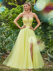 Ärmellos A-Linie Tüllkleid mit Transparentes Korsage Narzisse