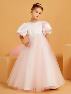 Ballkleid Prinzessin Rundhals Bodenlang Blumenmädchenkleid Zartrosa