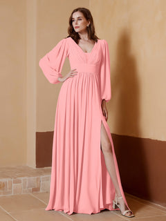 Tiefer V-Ausschnitt Bodenlang Kleid mit Schlitz Flamingo