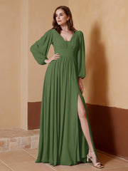 Tiefer V-Ausschnitt Bodenlang Kleid mit Schlitz Moos