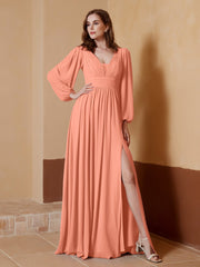 Tiefer V-Ausschnitt Bodenlang Kleid mit Schlitz Papaya