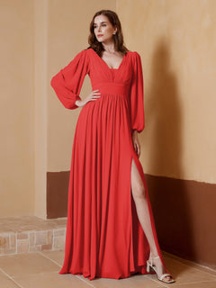 Tiefer V-Ausschnitt Bodenlang Kleid mit Schlitz Rot