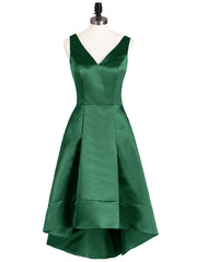 V-neck Satin Asymmetrisch Brautjungfernkleider Dunkelgrün