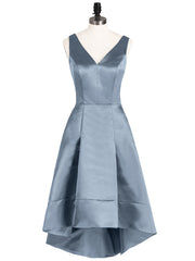 V-neck Satin Asymmetrisch Brautjungfernkleider Staubiges Blau