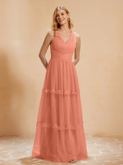 V-Ausschnitt Plissee Rüschen Bodenlang Tüll Kleid Papaya