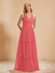 V-Ausschnitt Plissee Rüschen Bodenlang Tüll Kleid Wassermelone