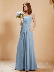 Quadratischer Ausschnitt Kleid mit Tasche Staubiges Blau