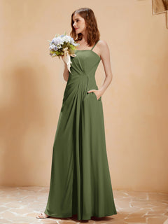 Quadratischer Ausschnitt Kleid mit Tasche Olivgrün