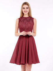 Illusion Ausschnitt Chiffon und Spitze Kleid Burgunderrot