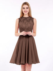 Illusion Ausschnitt Chiffon und Spitze Kleid Schokolade