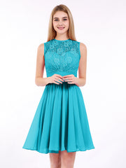 Illusion Ausschnitt Chiffon und Spitze Kleid Jade