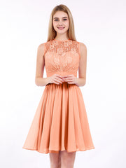 Illusion Ausschnitt Chiffon und Spitze Kleid Papaya