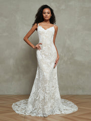 Spaghetti Träger Vintage Spitze Meerjungfrau Brautkleider Elfenbein