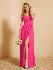Herzform Plissee Bodenlang Kleid mit Schlitz Fuchsia