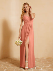 Herzform Plissee Bodenlang Kleid mit Schlitz Papaya