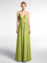 Chiffon Langes Kleid mit Tiefem V-Ausschnitt und Hoher Taille Klee