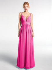 Chiffon Langes Kleid mit Tiefem V-Ausschnitt und Hoher Taille Fuchsia