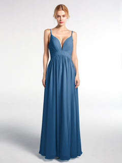 Chiffon Langes Kleid mit Tiefem V-Ausschnitt und Hoher Taille Tinte blau