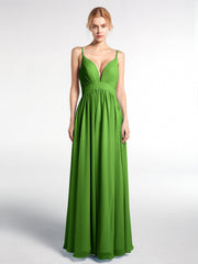 Chiffon Langes Kleid mit Tiefem V-Ausschnitt und Hoher Taille Moos