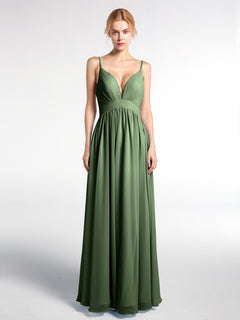 Chiffon Langes Kleid mit Tiefem V-Ausschnitt und Hoher Taille Olivgrün