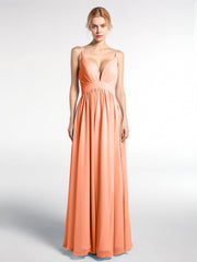 Chiffon Langes Kleid mit Tiefem V-Ausschnitt und Hoher Taille Papaya