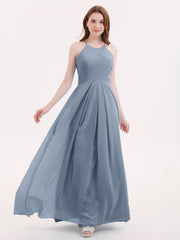 Lange Chiffon Neckholder Brautjungfernkleider Staubiges Blau