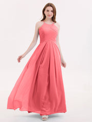 Lange Chiffon Neckholder Brautjungfernkleider Wassermelone