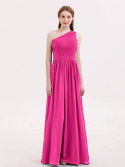 Eine Schulter Chiffon lange Bridemaid Kleider Fuchsia