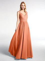 Langes Spitzen Oben Kleid mit Chiffonrock und V-Ausschnitt Papaya