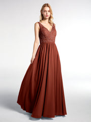 Langes Spitzen Oben Kleid mit Chiffonrock und V-Ausschnitt Rost