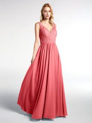 Langes Spitzen Oben Kleid mit Chiffonrock und V-Ausschnitt Wassermelone