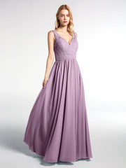 Langes Spitzen Oben Kleid mit Chiffonrock und V-Ausschnitt Blauregen