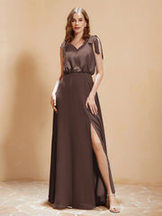 V-Ausschnitt Bodenlang Chiffon Kleid mit Schlitz Schokolade