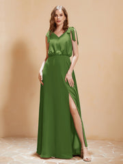 V-Ausschnitt Bodenlang Chiffon Kleid mit Schlitz Moos