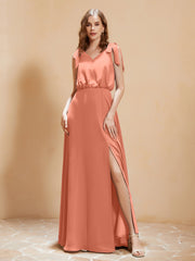 V-Ausschnitt Bodenlang Chiffon Kleid mit Schlitz Papaya