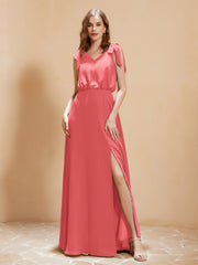 V-Ausschnitt Bodenlang Chiffon Kleid mit Schlitz Wassermelone