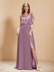 V-Ausschnitt Bodenlang Chiffon Kleid mit Schlitz Blauregen