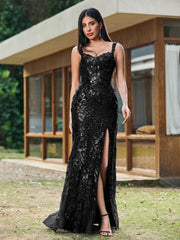 Etui/Säule Herzausschnitt Pailletten Ballkleid mit Schlitz Schwarz