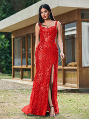 Etui/Säule Herzausschnitt Pailletten Ballkleid mit Schlitz Rot