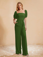 Quadratischer Ausschnitt Halbe Ärmel Jumpsuit Moos