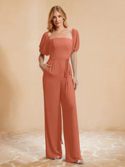 Quadratischer Ausschnitt Halbe Ärmel Jumpsuit Papaya
