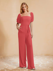 Quadratischer Ausschnitt Halbe Ärmel Jumpsuit Wassermelone
