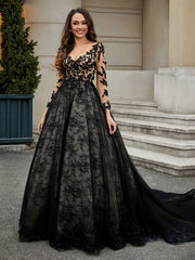 V-Ausschnitt Blume Applique Ballkleid Schwarz