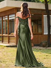 Trompete/Meerjungfrau Spitzenapplikationen Rüschen Kleid mit Schlitz Olivgrün