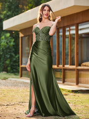 Trompete/Meerjungfrau Spitzenapplikationen Rüschen Kleid mit Schlitz Olivgrün
