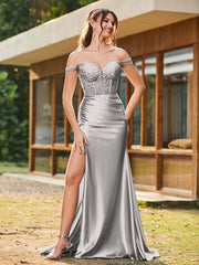 Trompete/Meerjungfrau Spitzenapplikationen Rüschen Kleid mit Schlitz Silber